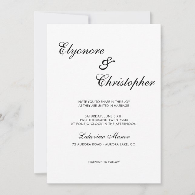 Convite BlackWhite Classic Timeless Calligraphy Wedding (Frente)