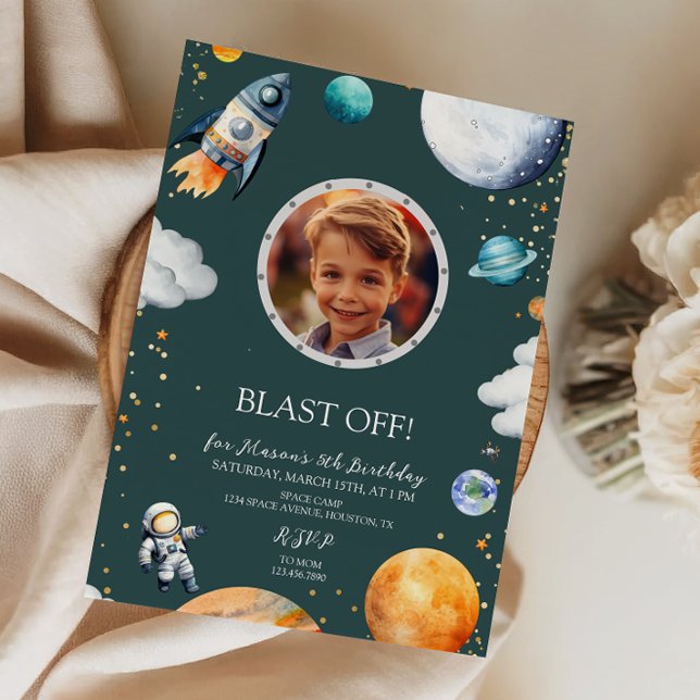 Convite Blast Off Photo Space Theme Kids Birthday Party (Criador carregado)