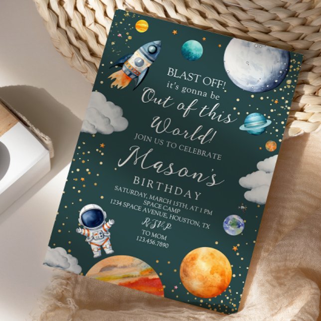 Convite Blast Off Rocket Astronaut Outer Space Birthday (Criador carregado)