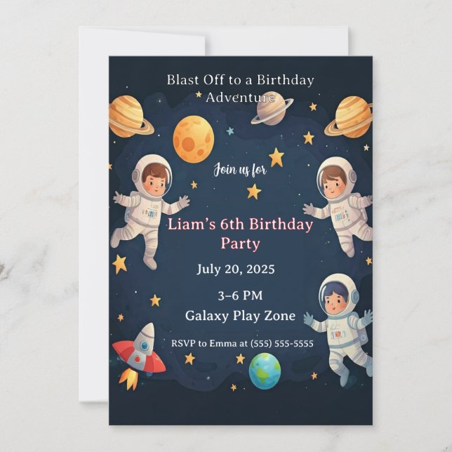 Convite Blast Off Space Adventure Kids 6th Birthday Party  (Frente)