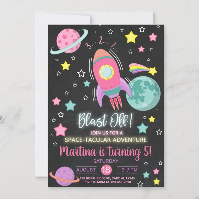 Convite Blast off, space-tacular girl birthday invitation. (Frente)