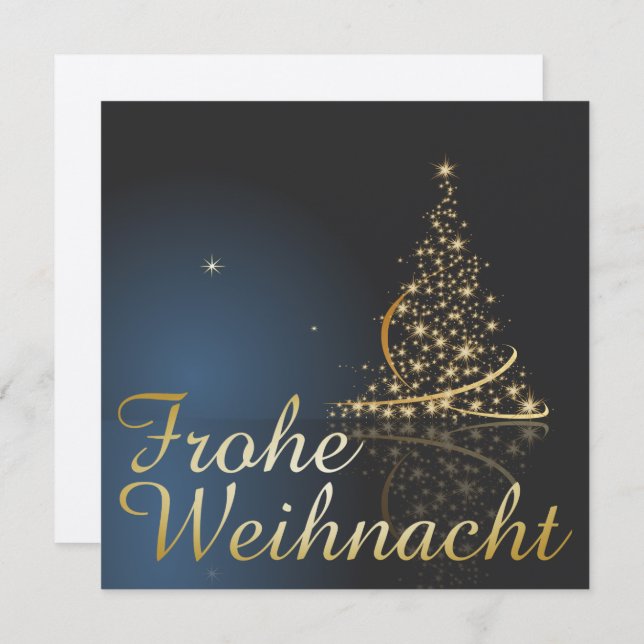 Convite Blaues Weihnachtsmočimit goldenem Weihnachtsbaum (Frente/Verso)
