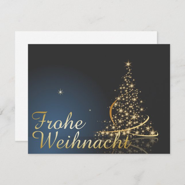 Convite Blaues Weihnachtsmočimit goldenem Weihnachtsbaum (Frente/Verso)