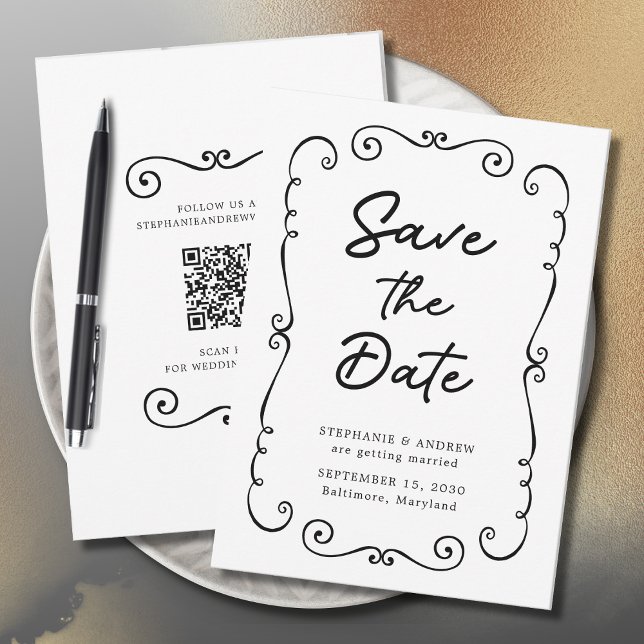 Convite Blindagem de Porodle Desenhada à Mão Casamento Sal (Hand Drawn Doodle Border QR Code Wedding Save the Date Invitation)