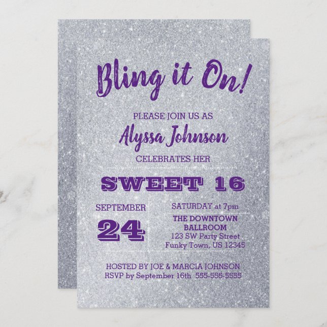 Convite Bling it On Silver Sparkles Purple Sweet 16 (Frente/Verso)