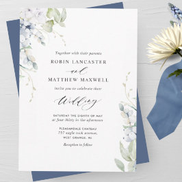 Convite Bliss Elegantes, Casamento Floral Branco Azul Mari