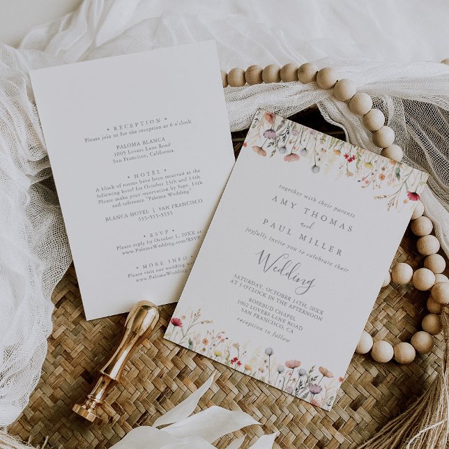 Convite Blissful Boho Wildflower Front & Back Wedding  (Criador carregado)