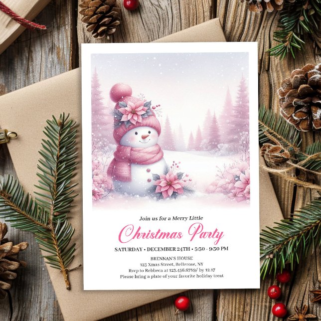 Convite Blissful Snowy Pink Snowman Editable Kids Christma (Blissful Snowy Pink Snowman Editable Kids Christmas Invite)
