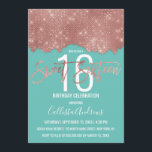 Convite Bloco de cor Glitter Dourado com Rosa de Glam Teal<br><div class="desc">Este glamouroso e chic Sweet 16 convite é o design perfeito para um evento brilhante e moderno. Sua design é composta por uma elegante e moderna sequência brilhante de rosa dourado esparso, um bloco de cores cortado artístico sobre um simples fundo azul branco brilhante. A tipografia personalizada de pincelada de...</div>