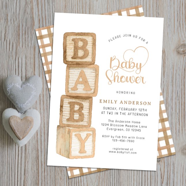 Convite Blocos de Bebê Neutros Bege Festa de Bebê em Casa  (Baby Shower Invite)