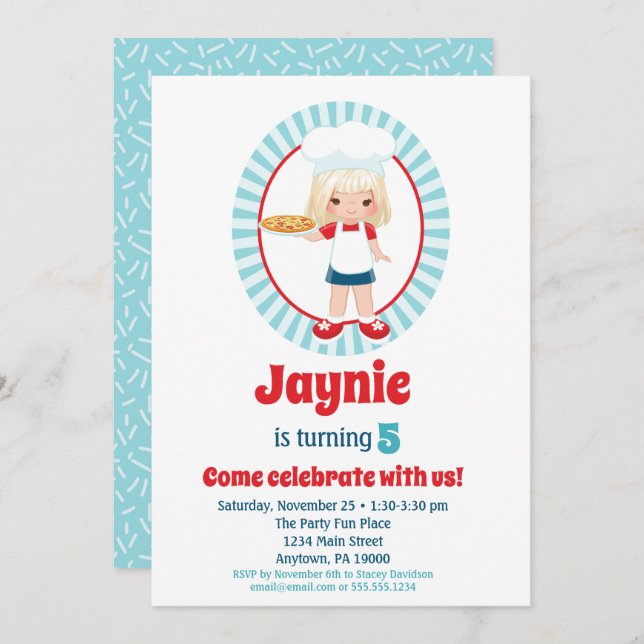 Convite Blona Pizza Party Girl - Pizza Birthday (Frente/Verso)