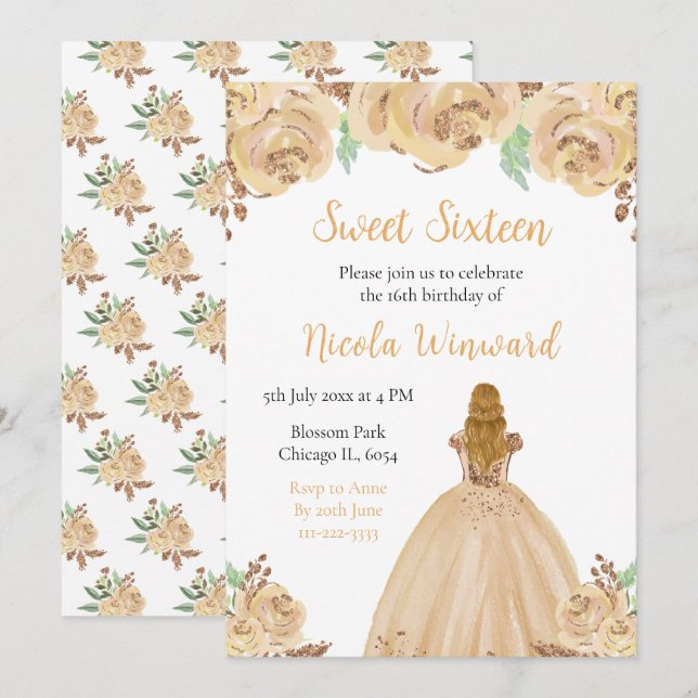 Convite Blondres Princesa Peach Floral Sweet Dezesseis (Frente/Verso)