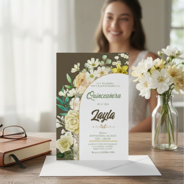 Convite Bloom com Beleza: Floral Amarelo Elegante (Elegant Yellow Floral Quinceañera Invitation)
