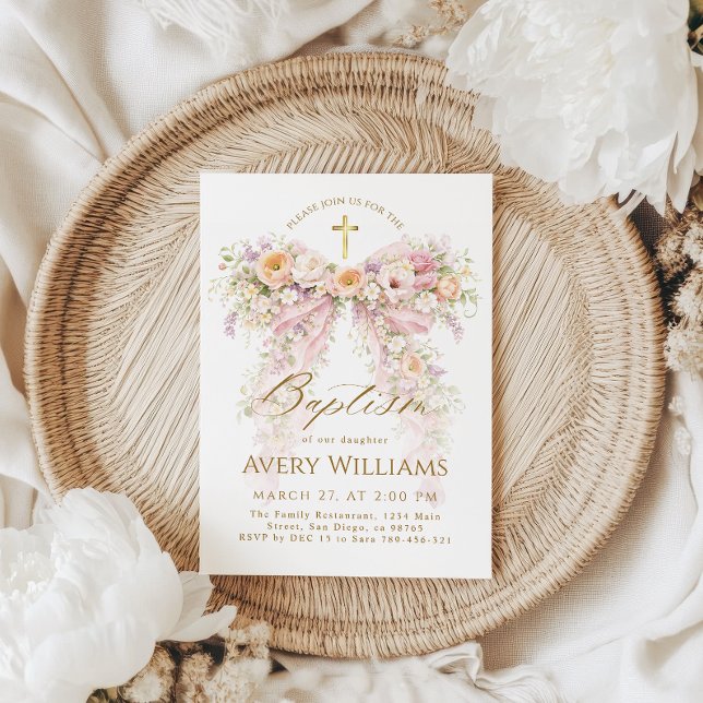 Convite Bloom Floral Bow Girl Baptism (Criador carregado)