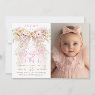 Convite Bloom Floral Bow Girl Photo First Birthday
