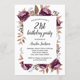 Convite Bloom Purple Watercolor aniversário de 21