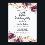 Convite Bloom Watercolor Purple Floral 18ª Festa de aniver<br><div class="desc">Mais bonito Convites Florais de Aniversário na Loja Little Bayleigh!</div>