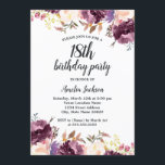 Convite Bloom Watercolor Purple Floral 18ª Festa de aniver<br><div class="desc">Mais bonito Convites Florais de Aniversário na Loja Little Bayleigh!</div>