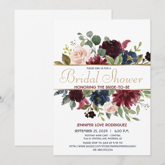 Convite Bloomias Florais Elegante do Marinho Chic Burgundy (Frente/Verso)