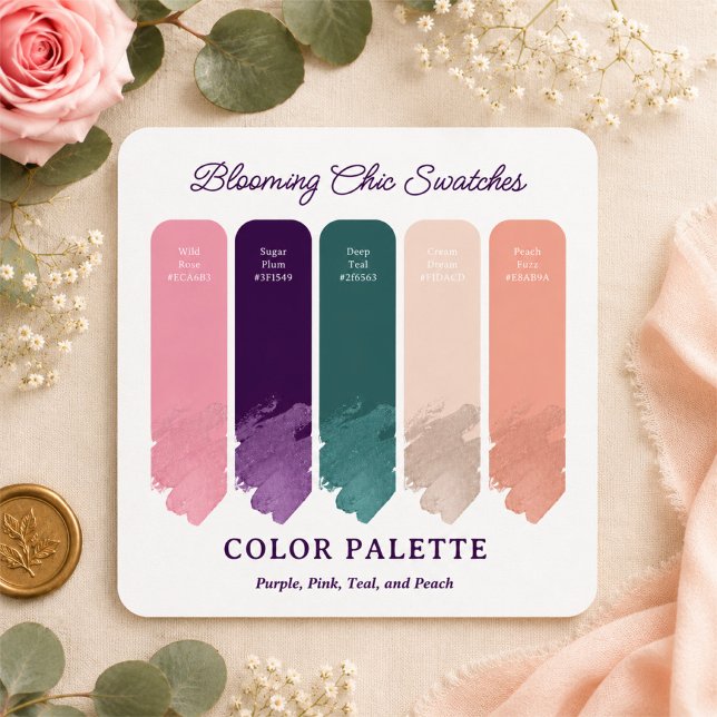 Convite Blooming Chic • Paleta de Cores de Casamento Flora (The blooming chic color palette: wild rose, sugar plum, deep teal, and more.)
