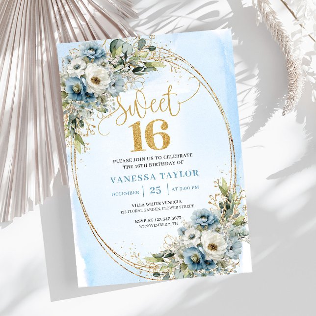 Convite Blooming Dusty Blue Floral Sweet Sixteen Birthday  (Blooming Dusty Blue Floral Sweet Sixteen Birthday Invitation

)
