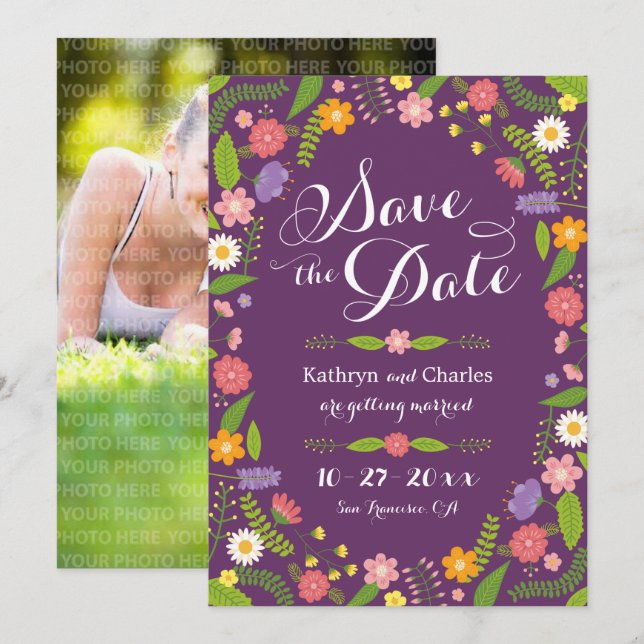 Convite Blooming Floral Frame Rustic Foto Salva a Data (Frente/Verso)