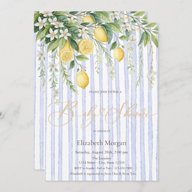 Convite  Blooming Lemons Blue Striped Baby Shower (Frente/Verso)