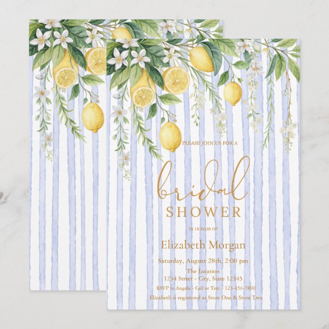 Convite  Blooming Lemons Blue Striped Bridal Shower (Frente/Verso)