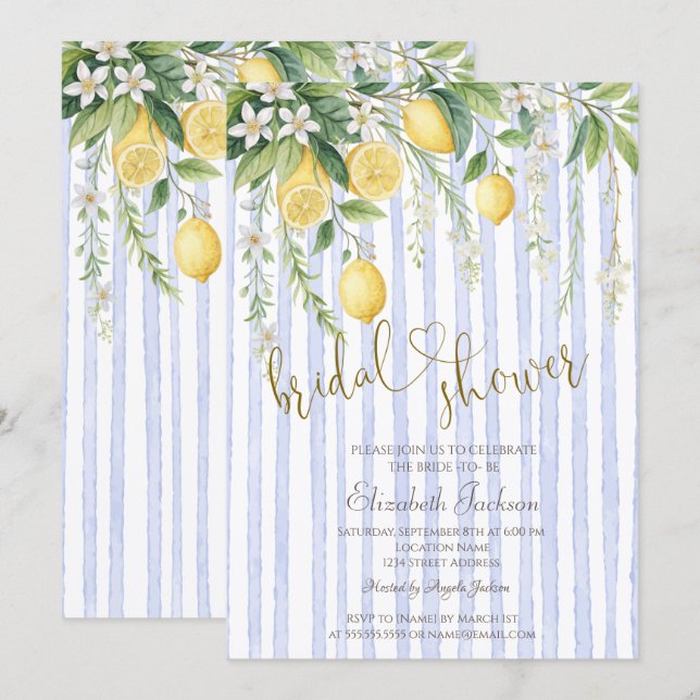Convite  Blooming Lemons Blue Stripes Bridal Shower  (Frente/Verso)