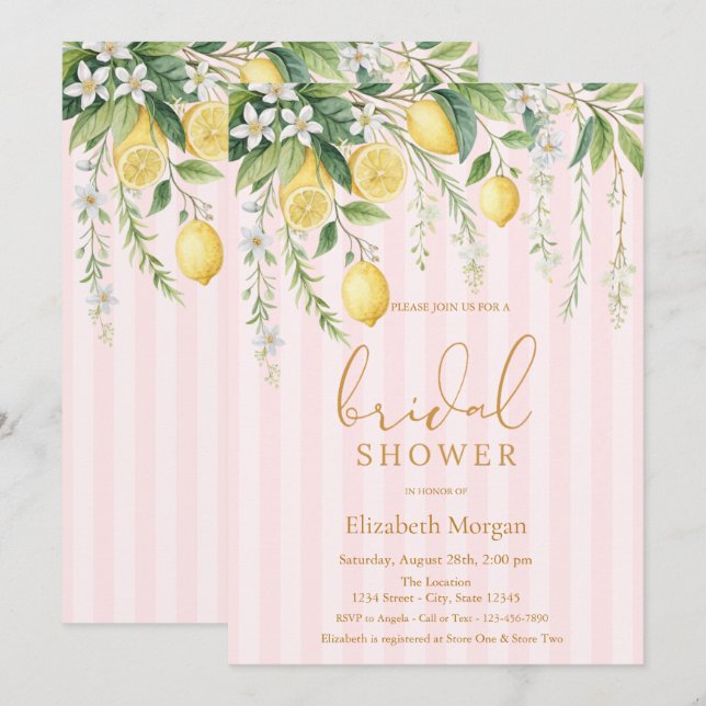Convite  Blooming Lemons Pink Striped Bridal Shower (Frente/Verso)