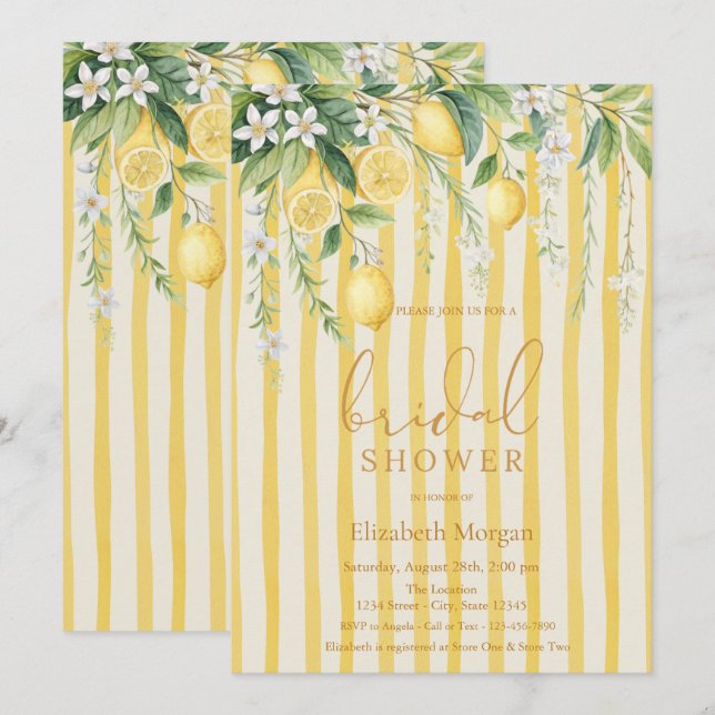Convite  Blooming Lemons Yellow Striped Bridal Shower (Frente/Verso)