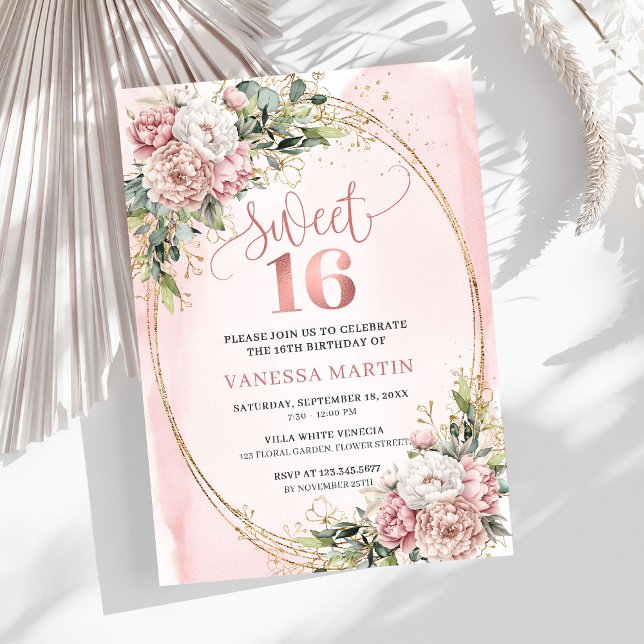 Convite Blooming Pastel Pink Flowers Eucalyptus 16th Bday (Blooming Pastel Pink Flowers Eucalyptus 16th Birthday Invite

)