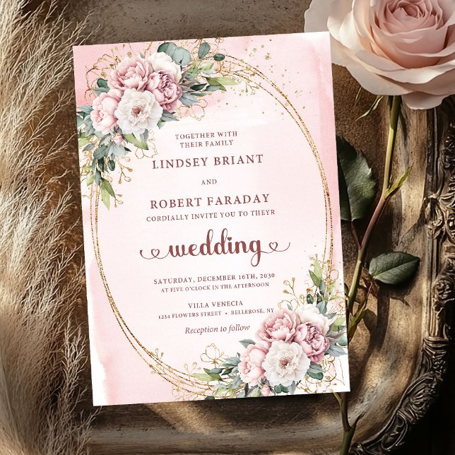 Convite Blooming Rose Gold Blush Floral Eucalyptus Wedding (Blooming Rose Gold Blush Floral Eucalyptus Wedding Invite

)