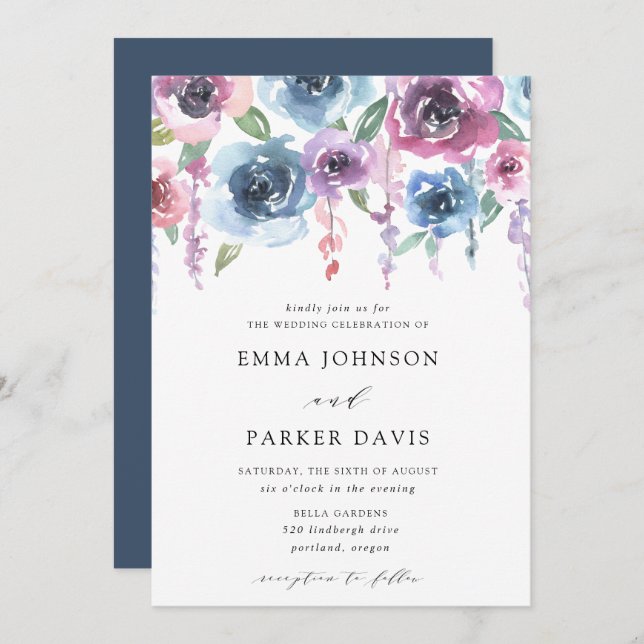 Convite Blooms à meia-noite | Casamento Floral Roxo e Azul (Frente/Verso)