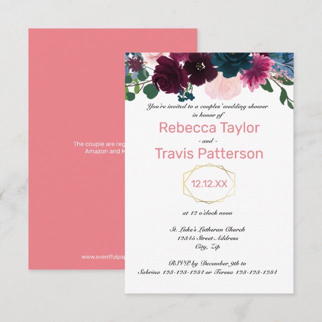 Convite Blooms Florais cor-de-rosa - Chá de casamento 3x5  (Frente/Verso)