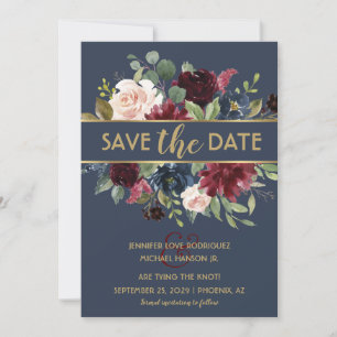 Convite Blooms Florais Merlot Dourado Naval Salve a Data