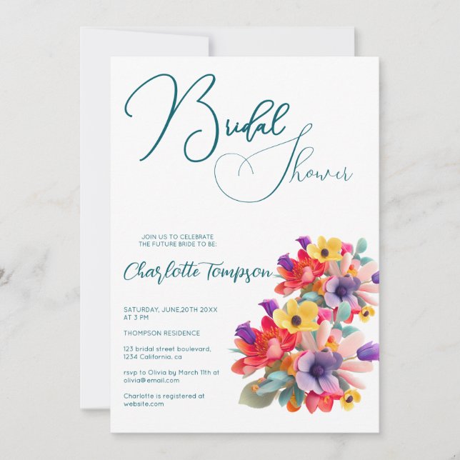 Convite Blossomas Coloridos Bridal Bash (Frente)