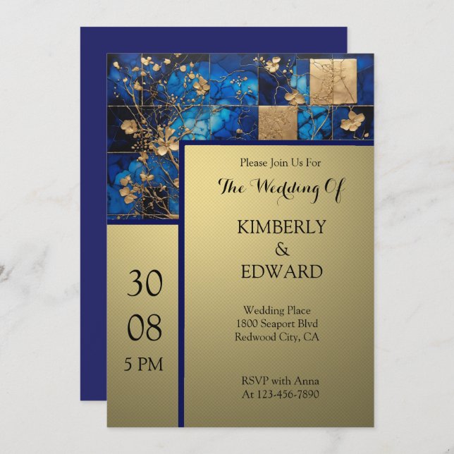 Convite Blossomas do ouro no Azul-Meia-Noite (Frente/Verso)