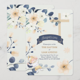 Convite Blossomo marinho Azul e Amarelo Batismo Cristão