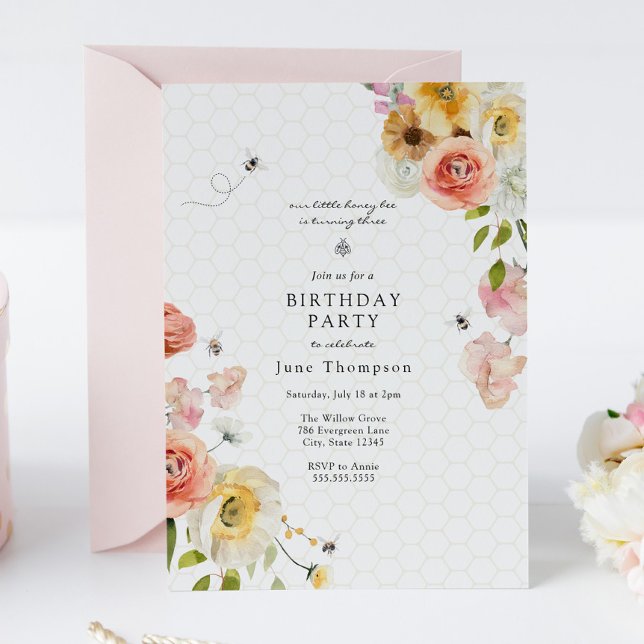 Convite Blossoms and Honey Bee Birthday Girl Invitation (Criador carregado)