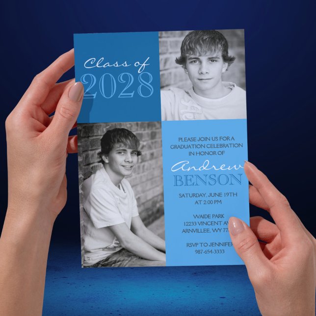 Convite Blue 2 Toned Classic 2 Photo Graduação (Classic 2 Photo 2 Toned Blue Graduation Invitations)