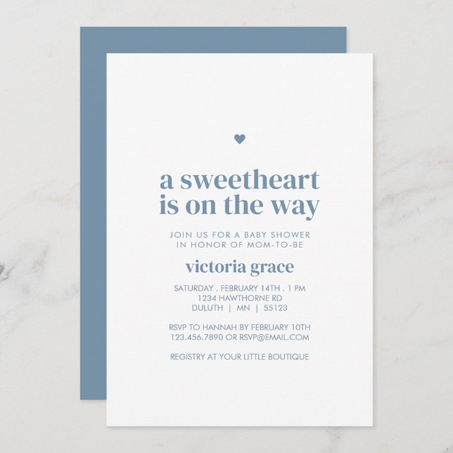 Convite Blue A Little Sweetheart Baby Shower (Frente/Verso)