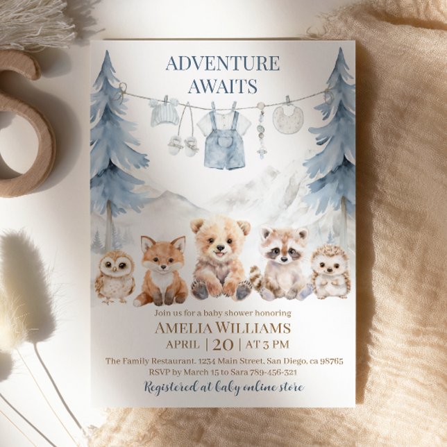 Convite Blue Adventure Awaits Woodland Baby Shower (Criador carregado)