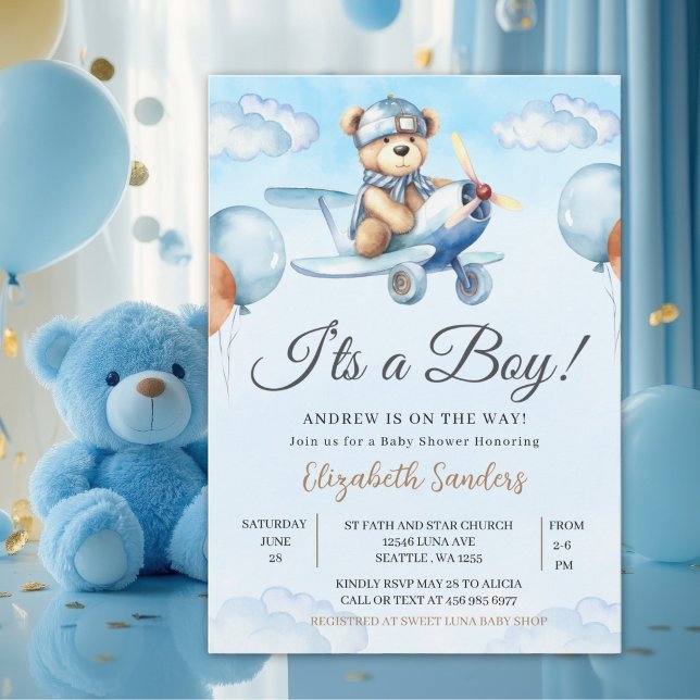 Convite Blue Airplane Teddy Bear Baby Shower Invitation (Criador carregado)