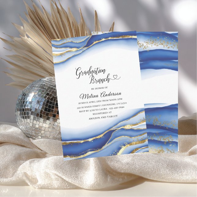 Convite Blue Alcohol Ink Texture watercolor  graduation br (Criador carregado)