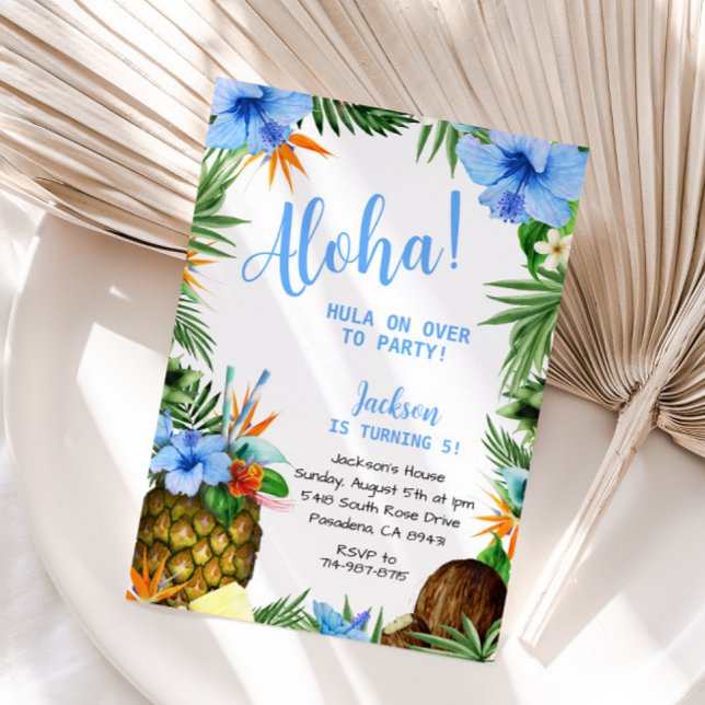Convite Blue Aloha Birthday, tropical de Luau Havaiano (Criador carregado)