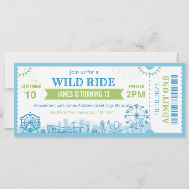 Convite Blue Amusement Park Birthday Invitation Ticket  (Frente)
