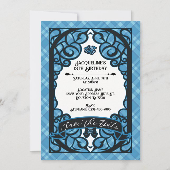 Convite Blue and Black Gated Rose Princess Birthday  (Frente)