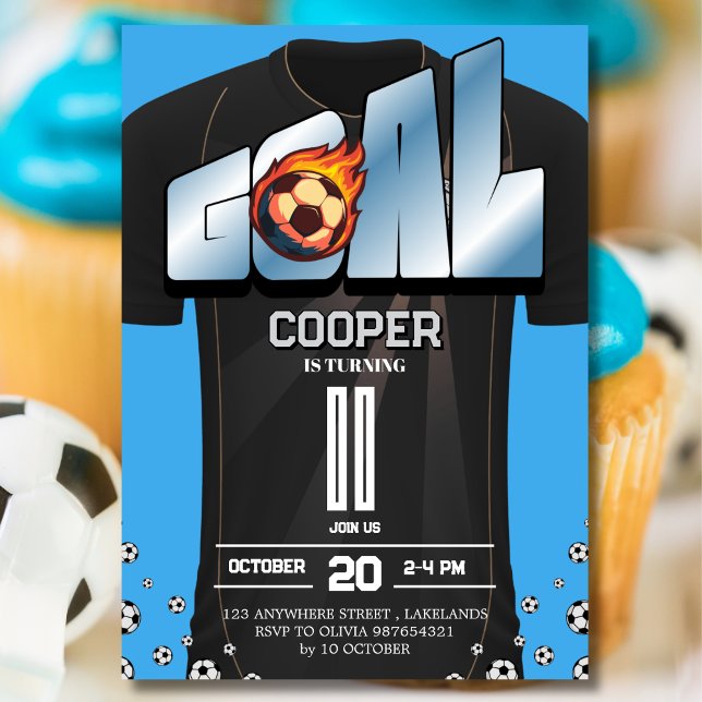 Convite Blue and Black Soccer Shirt Birthday Party  (Criador carregado)