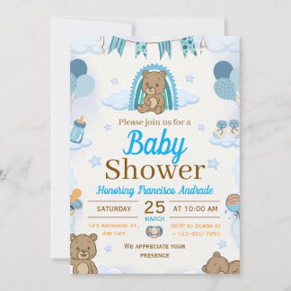 Convite blue and brown watercolor illustration baby shower